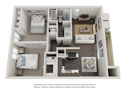 The Maple 2 bedroom 1.5 bathroom Floor Plan with 864 Square Feet at Willow Grove Apartments, California 